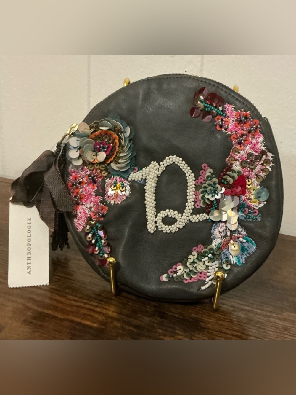 D Monogram Anna Harlow Russo X Anthropologie Gray Leather Sequin Bag Zip Pouch
